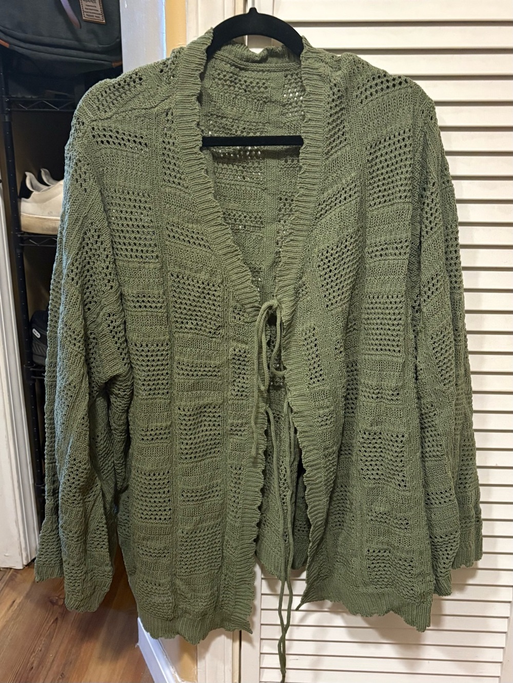 BloomChic Olive Green Open-Knit Tie-Front Cardigan